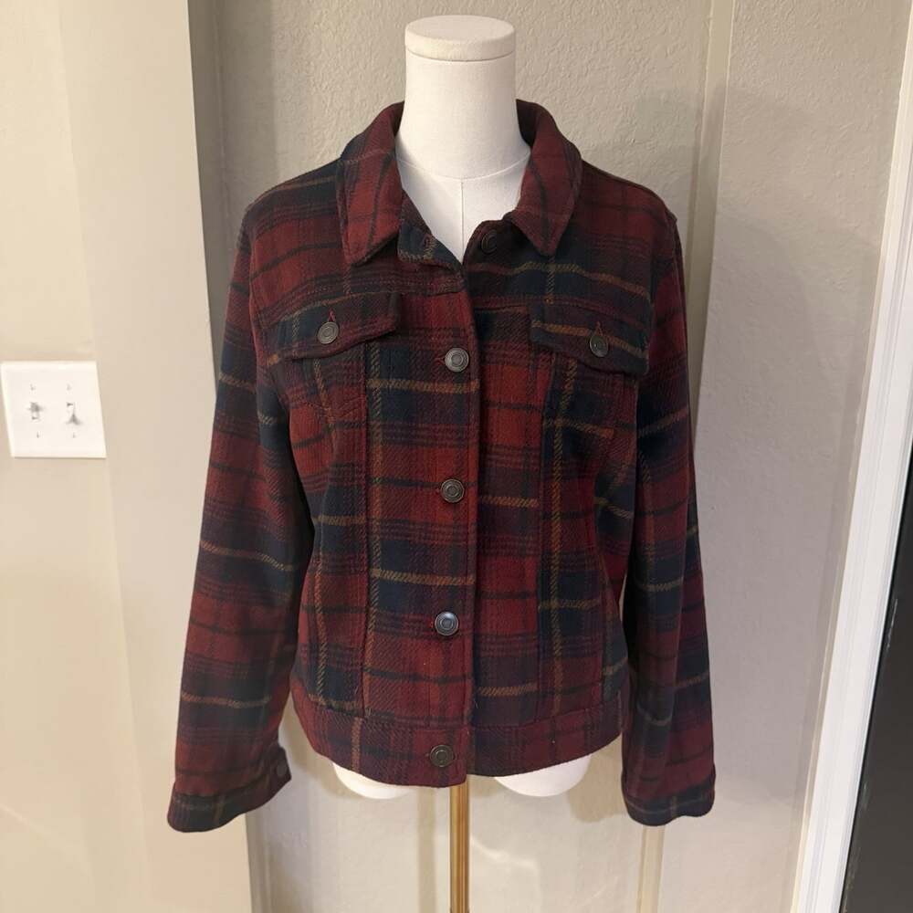 Stoosh Women’s XL Burgundy Navy Plaid Cropped Trucker Jacket Y2K Lined
